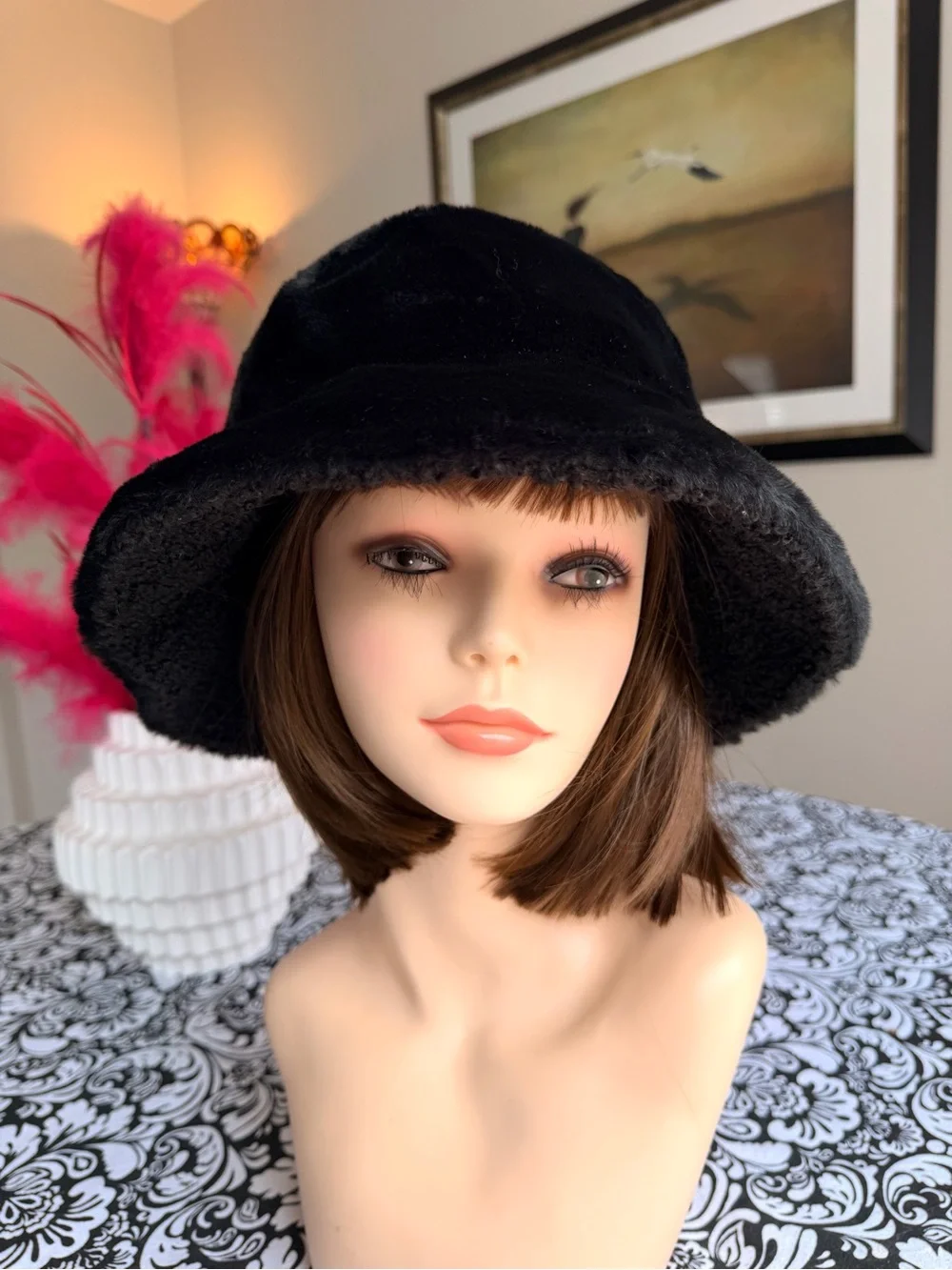 Sprigs Black Faux Fur Plush Bucket Hat Adjustable Fit